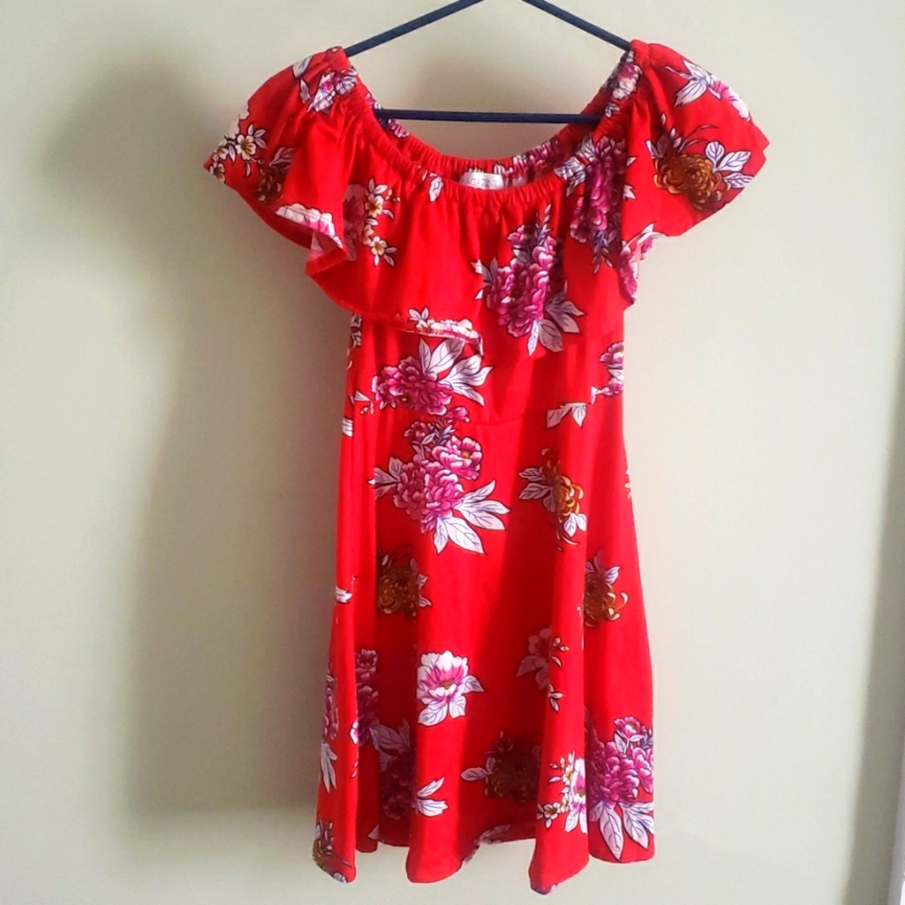 Red Floral Off-Shoulder Mini Dress